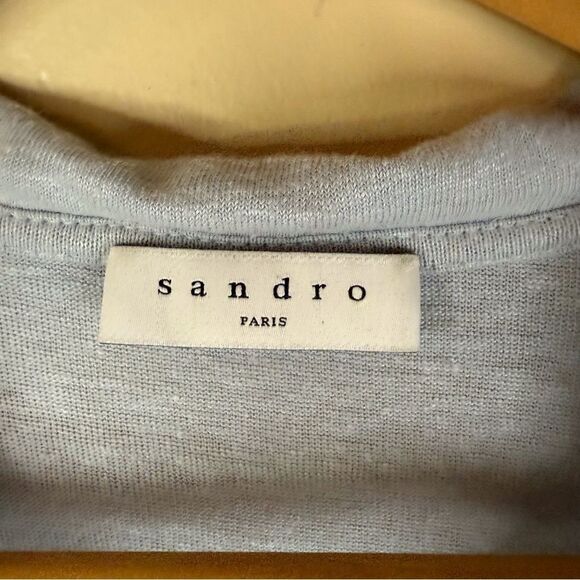 Sandro Paris Mens Linen Baby Blue Size Large Polo Small Flaw Preppy Grunge‎ Boho - Picture 2 of 7